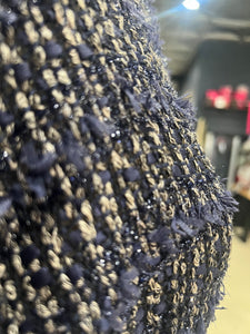 Linton Tweeds - Navy Blue, Beige, and Metallic Blue Threads Boucle