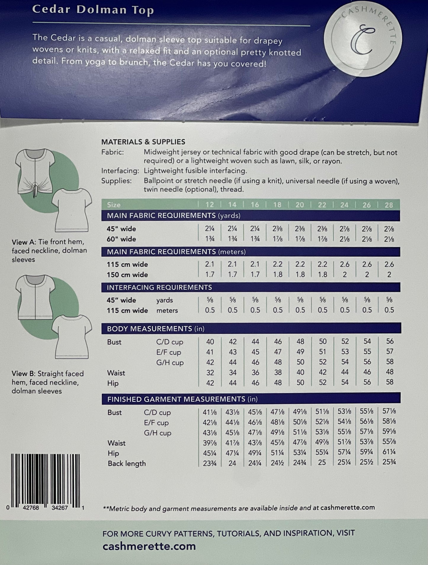 Cashmerette Cedar Dolman  / Size 12-32 - Papermaple Studio