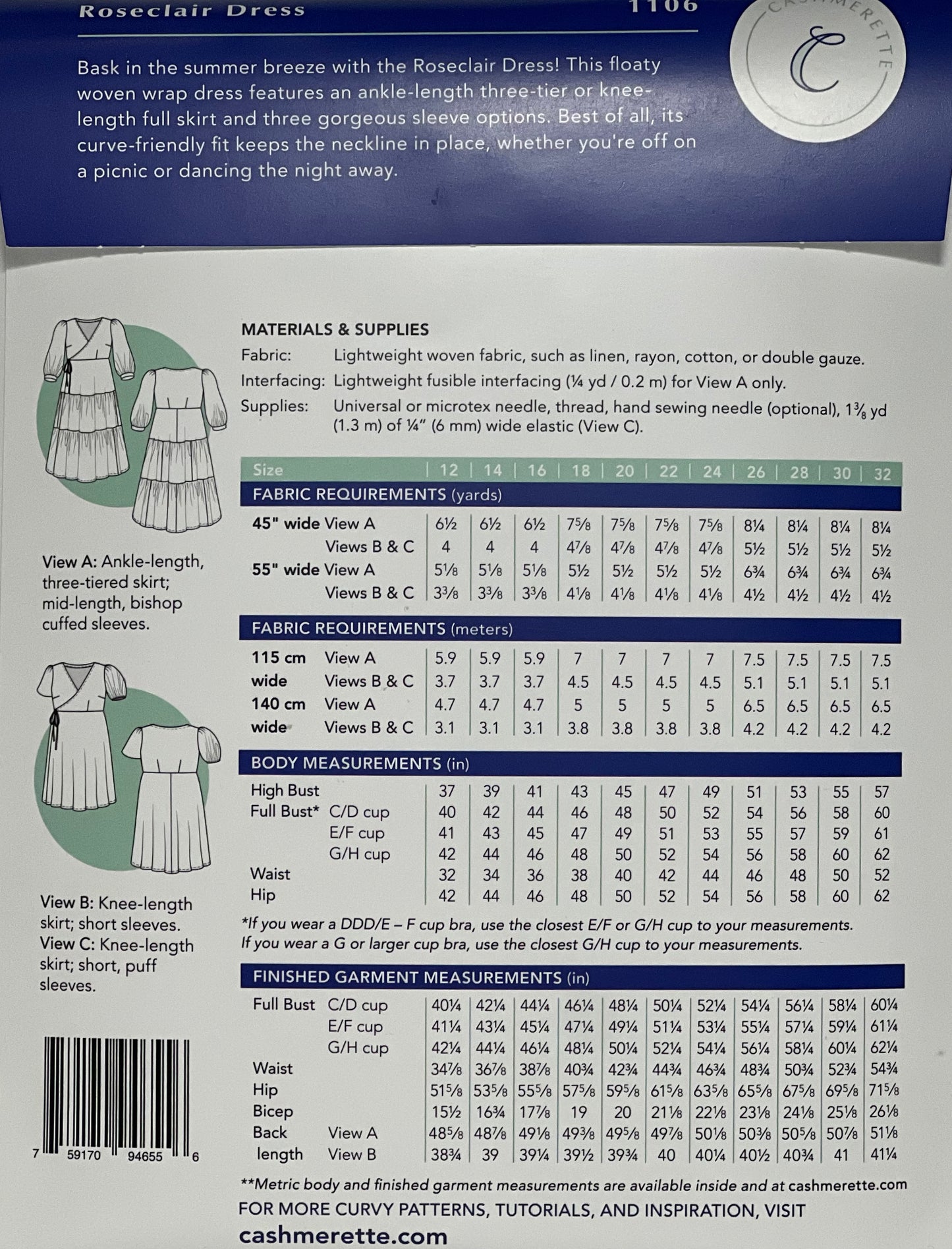 Cashmerette Roseclair Dress / Size 0-16 OR Size 12-32 - Papermaple Studio